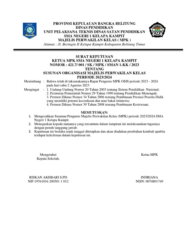 SK MPK 001 Revisi 2023 - 2024 | PDF