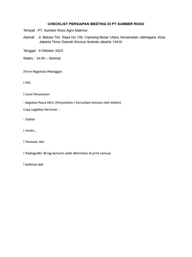 Checklist Meeting PT Sumber Roso | PDF