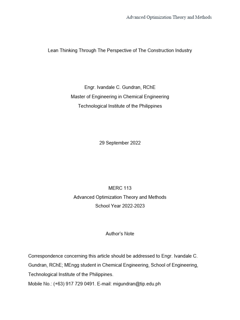 Lean Optimization in Construction Industry | PDF | Lean Manufacturing ...