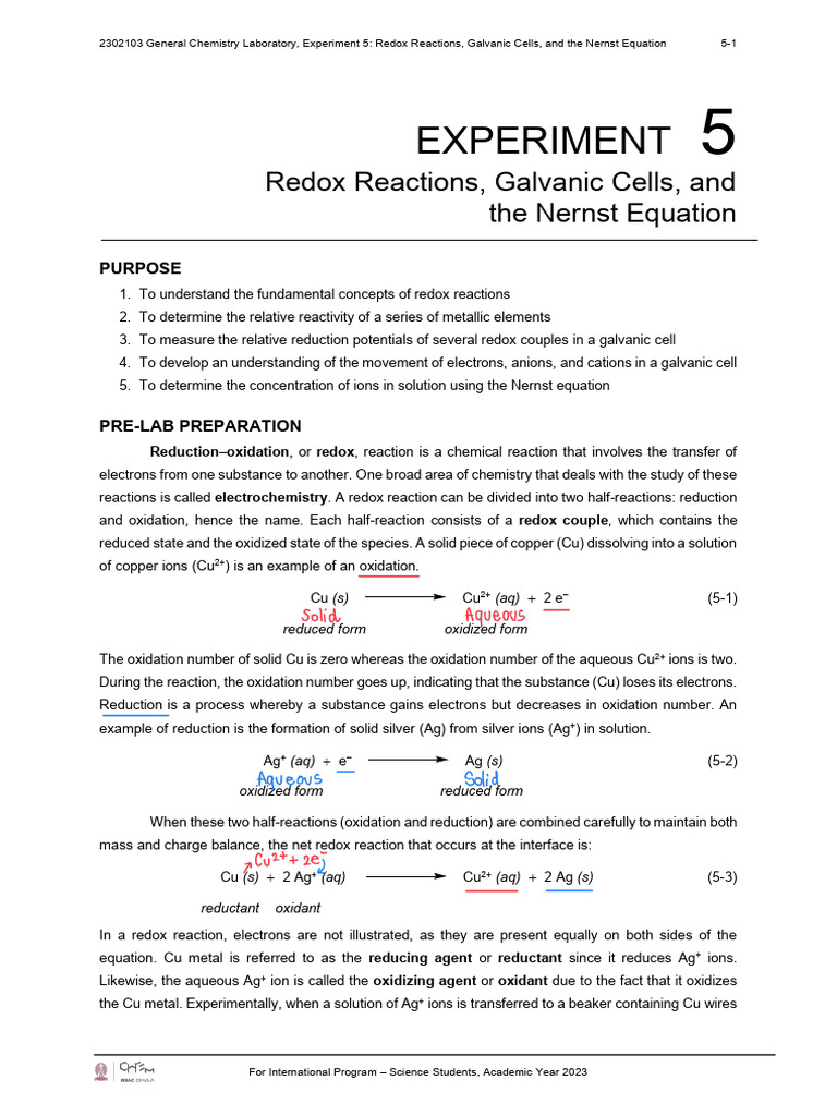 Redox Reactions and Galvanic Cells Experiment | PDF