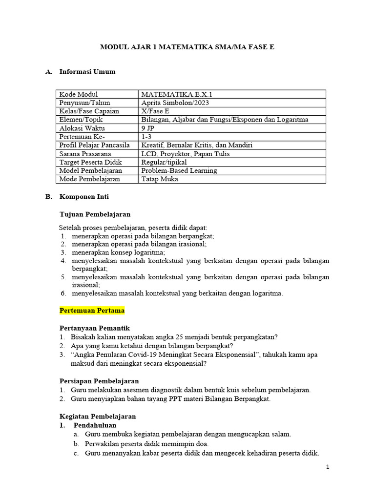 Modul Ajar 1 MTK Kelas X | PDF