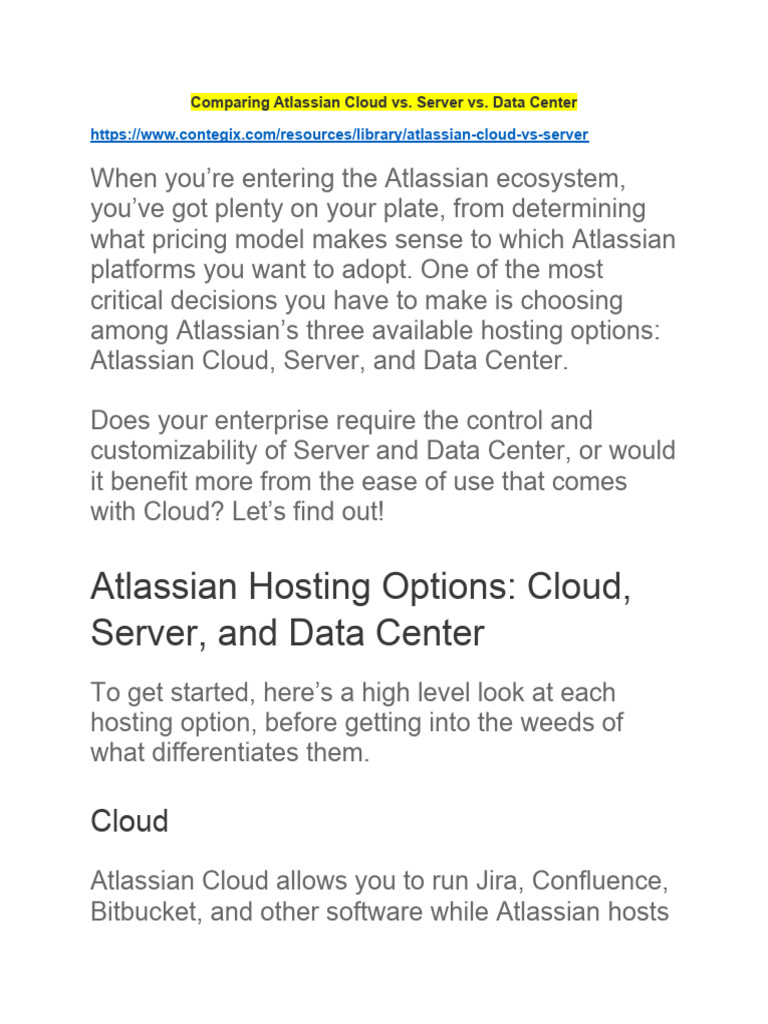 Atlassian Hosting Options: Cloud vs. Server vs. Data Center | PDF