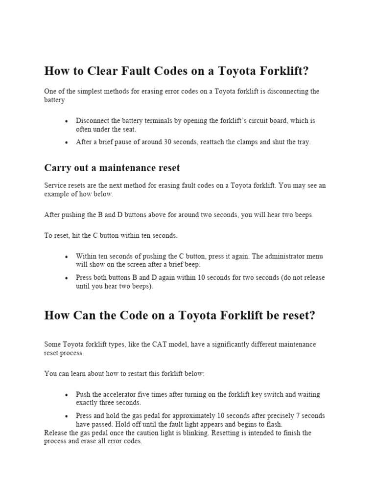 How To Clear Fault Codes On A Toyota Forklift PDF