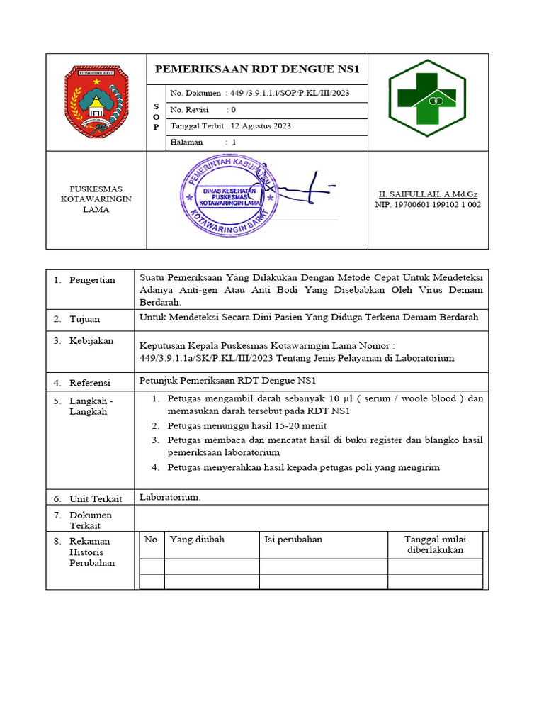 Dengue Rdt Laboratory Request Form