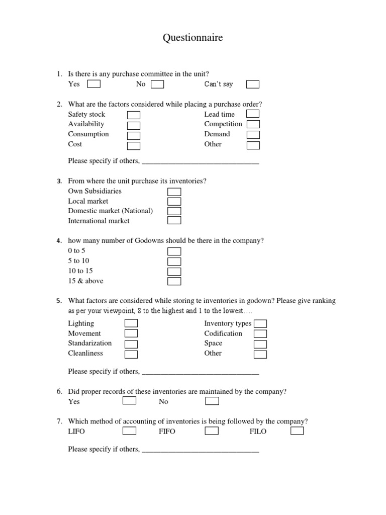 Questionnaire Inventory Warehouse