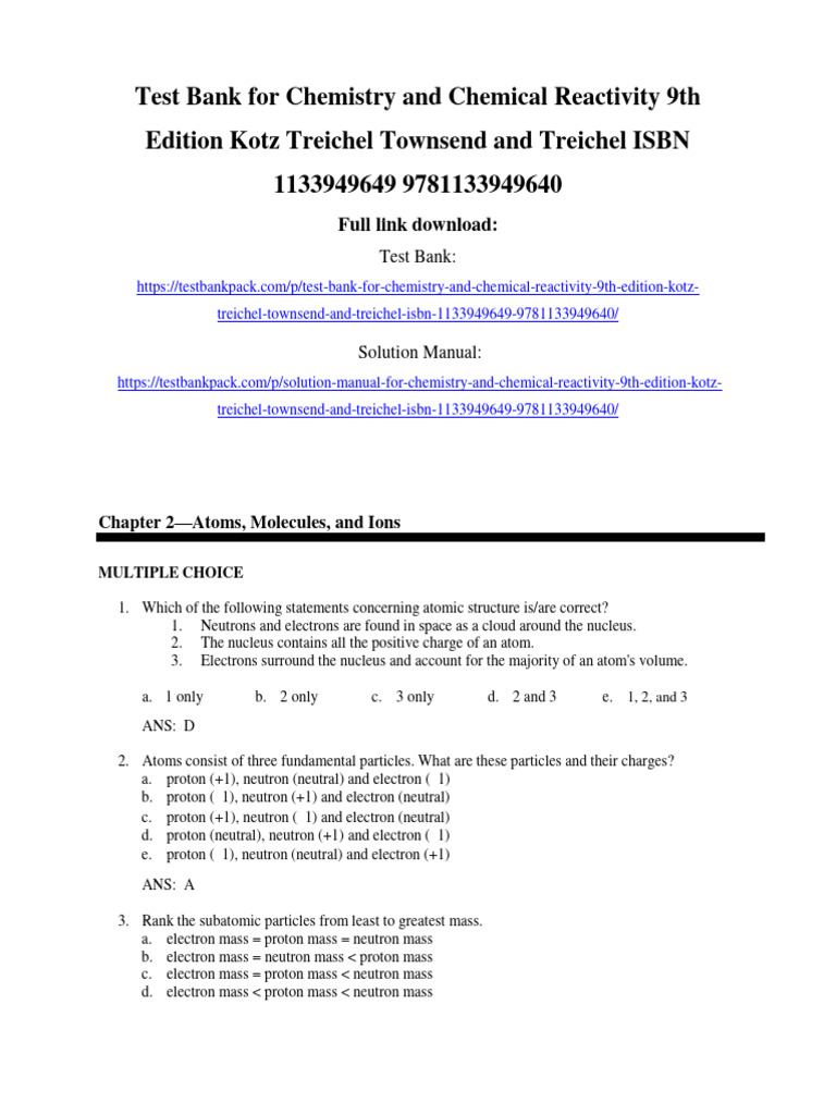 Test Bank For Chemistry and Chemical Reactivity 9th Edition Kotz ...