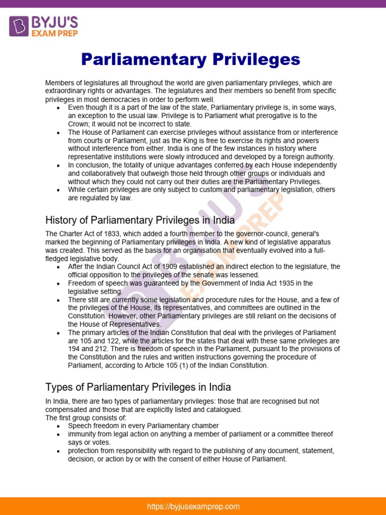 Parliamentary Privileges Upsc Notes 63 | PDF | United States House Of ...