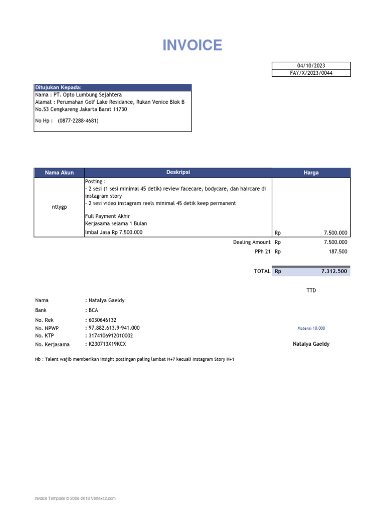 Invoice Kerjasama Influencer Rp 7,5 Juta | PDF