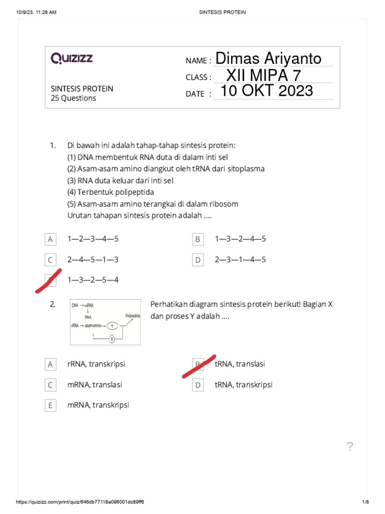 Soal Sintesis Protein Kelas 12 Quizizz | PDF