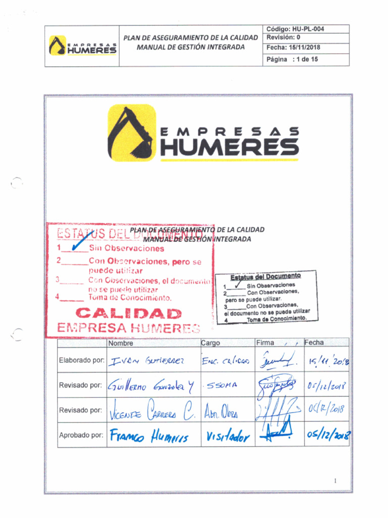 Hu-Pl-004 Plan de Aseguramiento de La Calidad Rev.0 Firmado | PDF