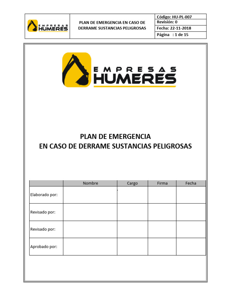 Hu-Pl-007 Plan de Emergencia en Caso de Derrame Sustancias Peligrosas | PDF
