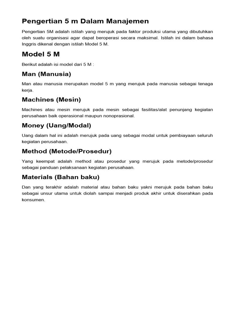 Pengertian dan Unsur Model 5M | PDF | Bisnis | Pengelolaan Keuangan & Uang