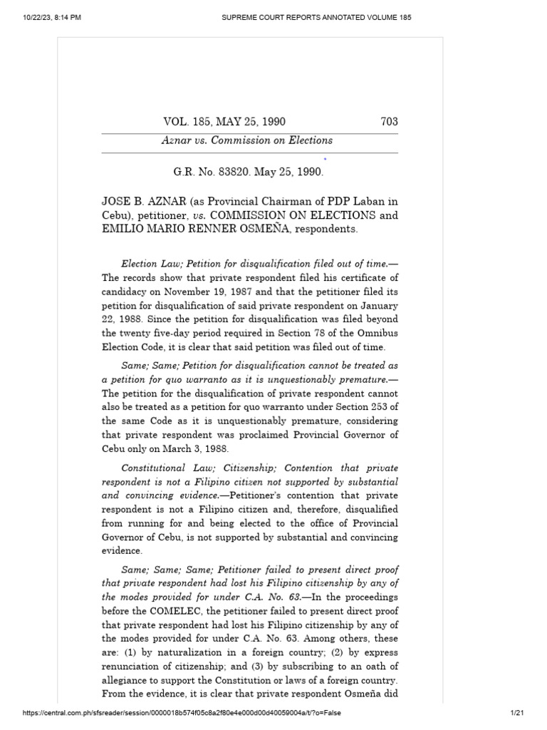 Aznar vs comelec 185 scra 703 1990 pdf