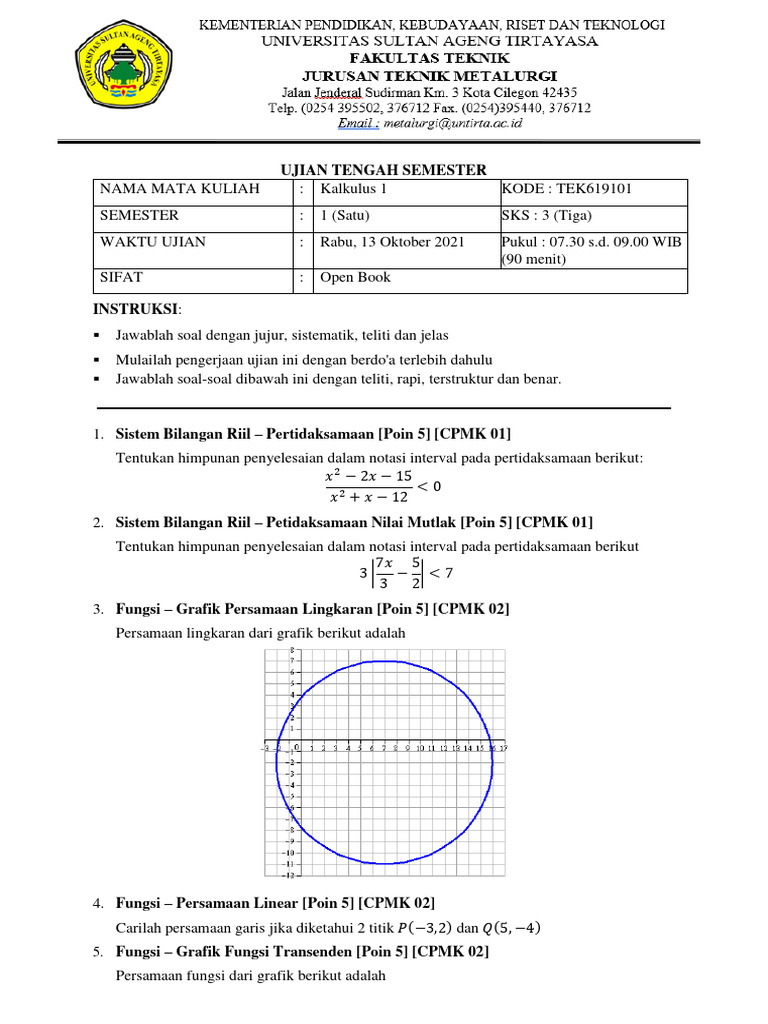 Soal Uts Kalkulus 1 T Metalurgi Sem Ganjil 2021 Rev1 Pdf