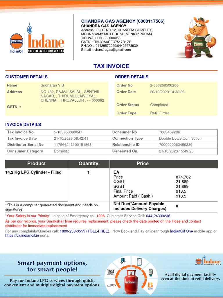 Chandra Gas Agency Invoice Details | PDF