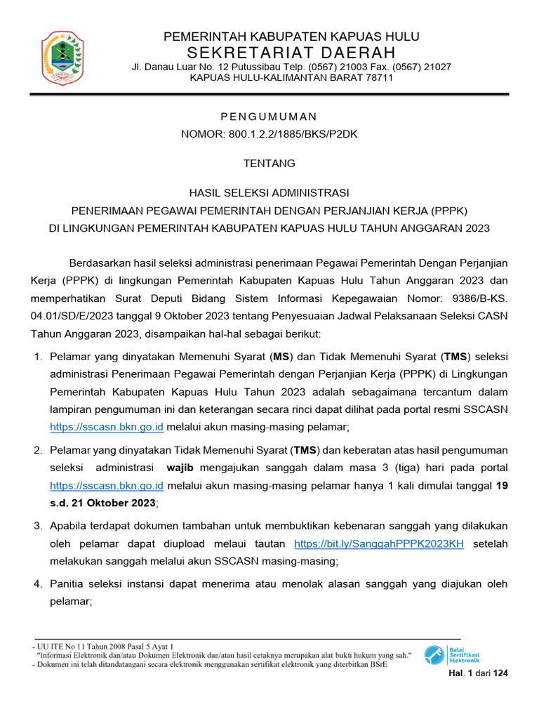 Pengumuman seleksi administrasi pra sanggah p3k 2023 pdf