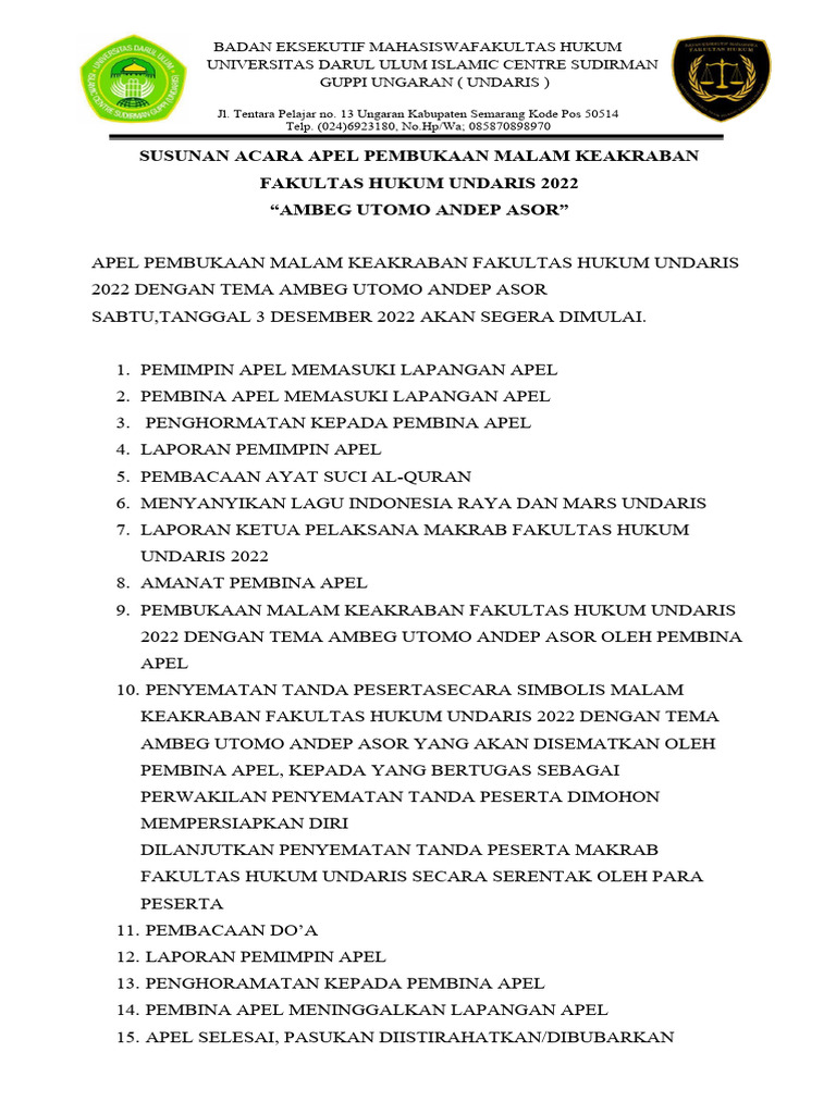 Susunan Acara Apel Makrab FH Undaris | PDF | Hukum | Sains & Matematika