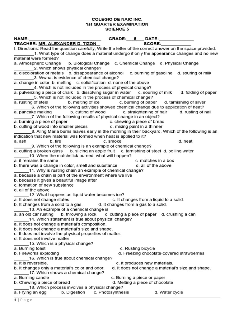 Science 5 First Quarter Exam Guide | PDF | Art | Science & Mathematics
