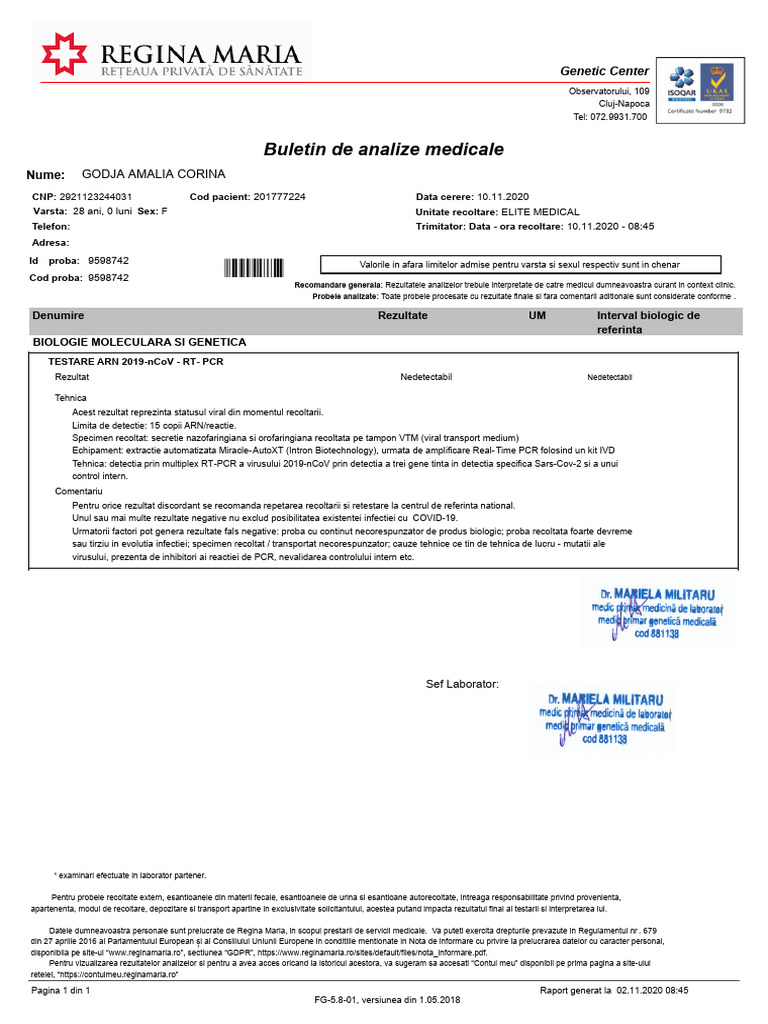 Buletin de Analize Medicale: Godja Amalia Corina | PDF