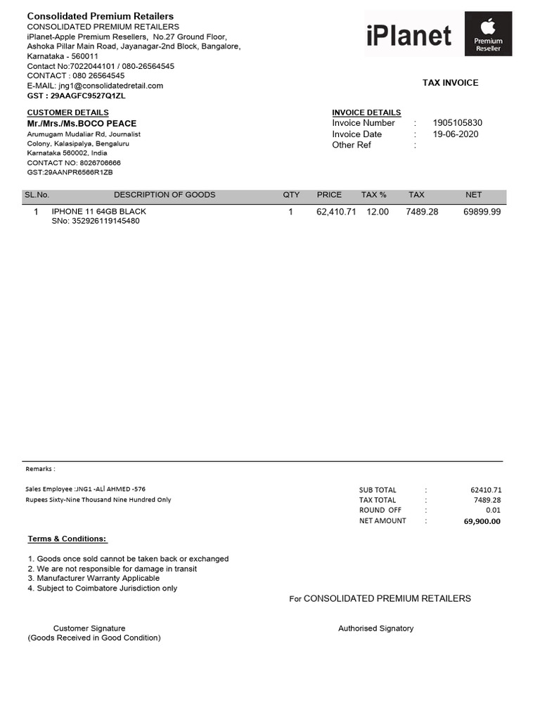 iPlanet Invoice for iPhone Purchase | PDF