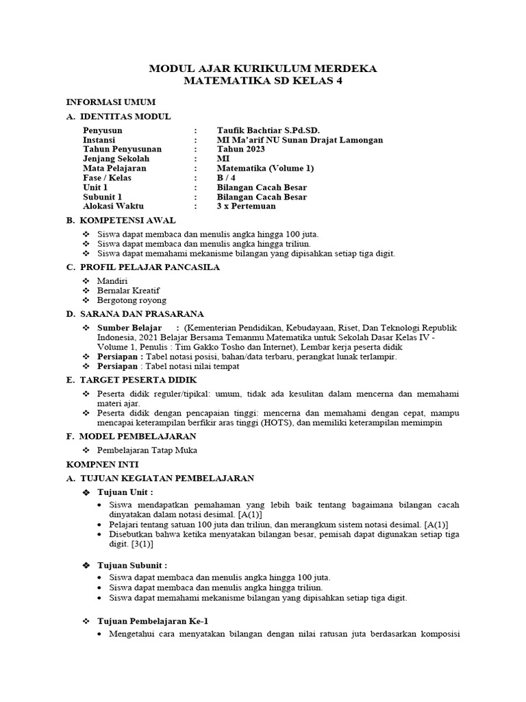 Modul Ajar Matematika - Bab 1 | PDF