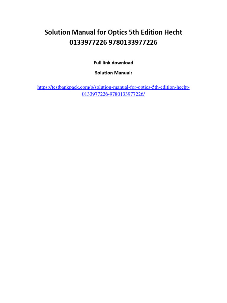 Solution Manual For Optics 5th Edition Hecht 0133977226 9780133977226 PDF