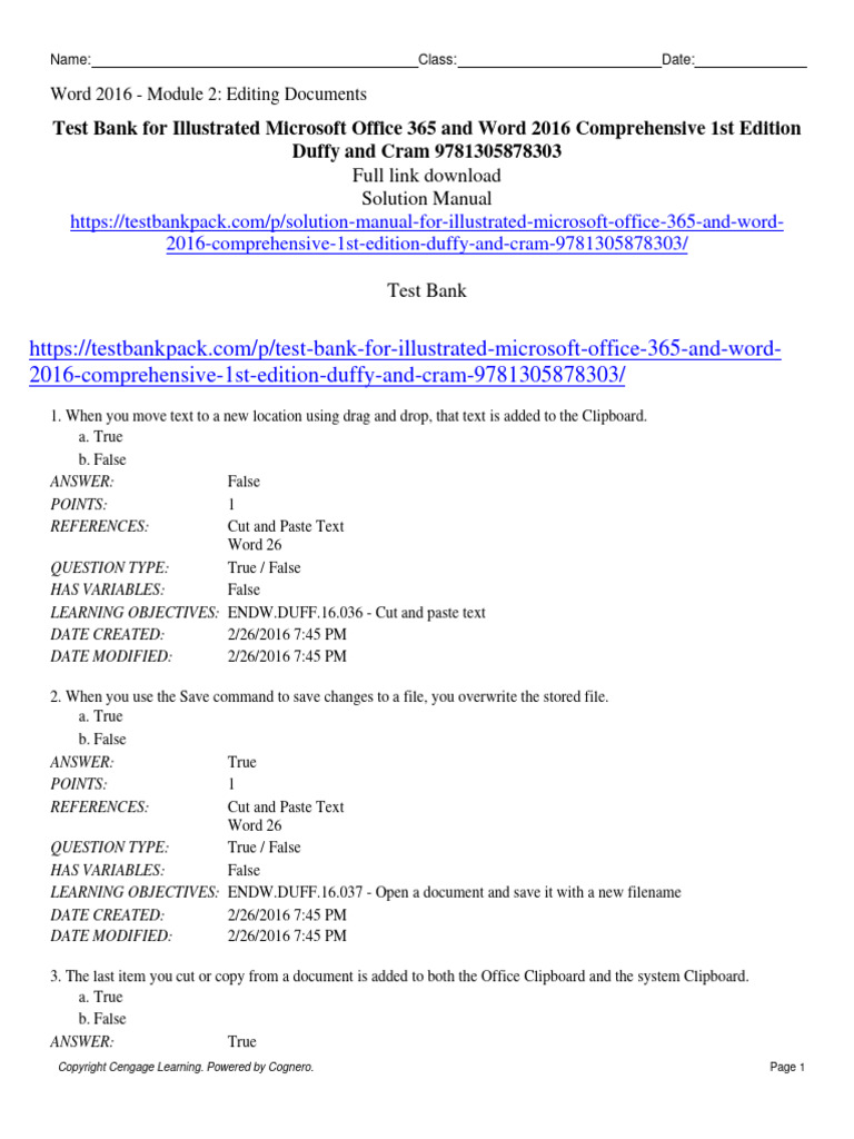 Test Bank For Illustrated Microsoft Office 365 and Word 2016 ...