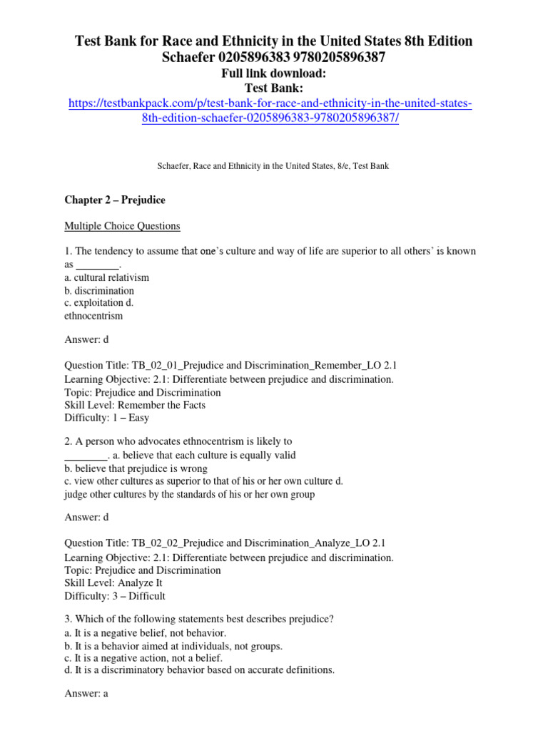 Test Bank For Race and Ethnicity in The United States 8th Edition ...