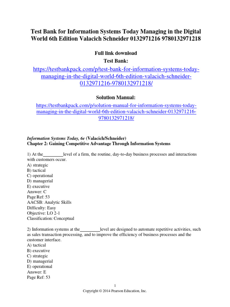 Test Bank For Information Systems Today Managing in The Digital World ...
