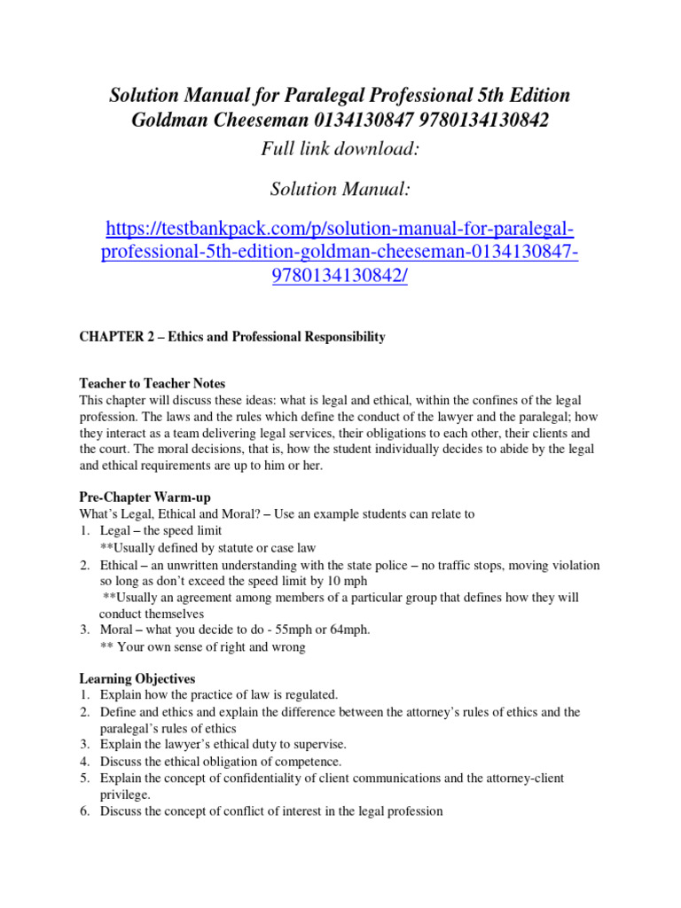 Solution Manual For Paralegal Professional 5th Edition Goldman