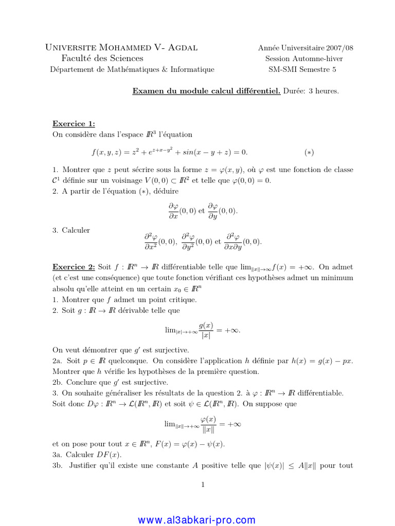 Corrigé Examen Calcul Différentiel L3 | PDF