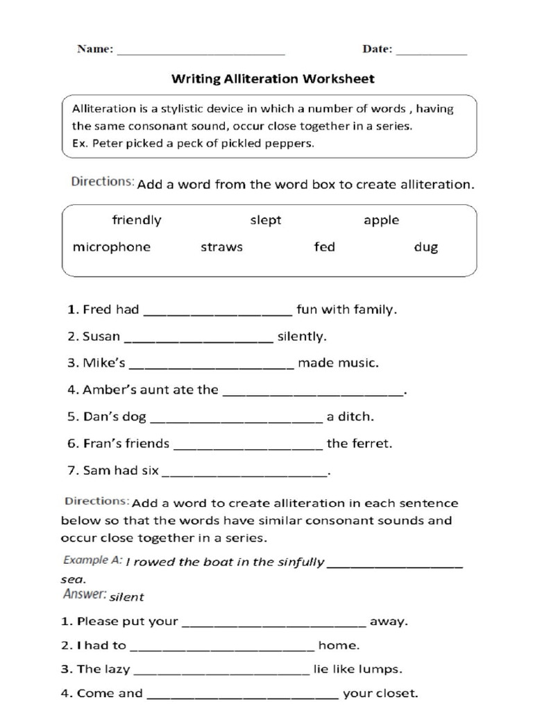 Alliteration Worksheet PDF