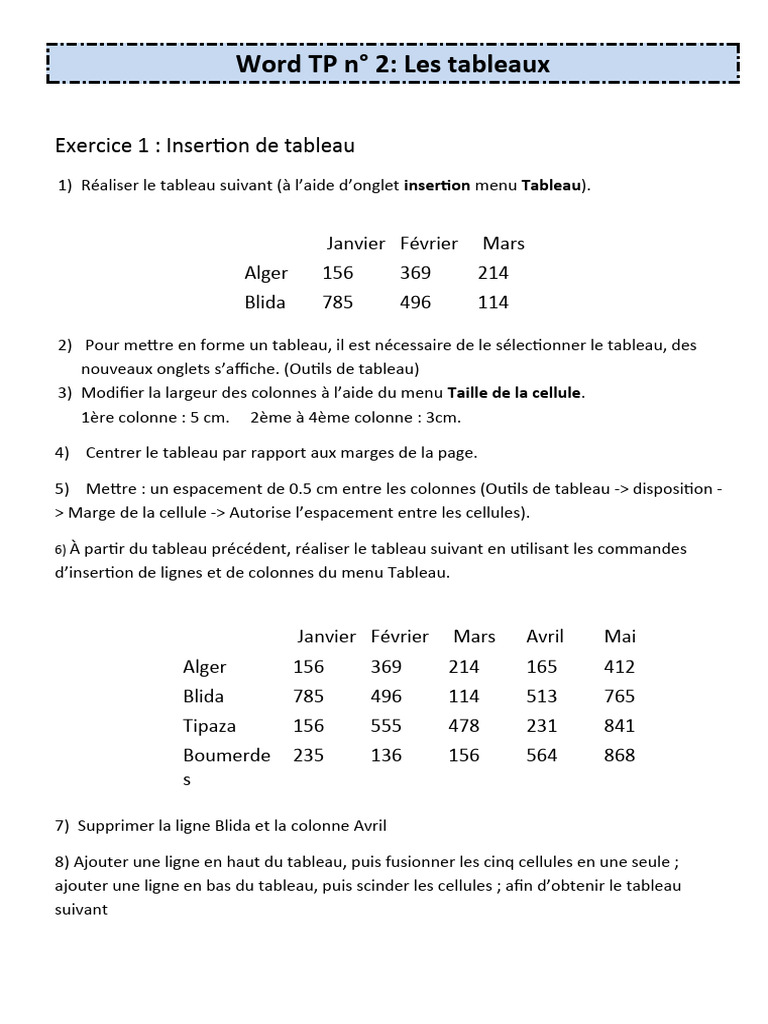 Exercice sur les tableaux dans Word | PDF