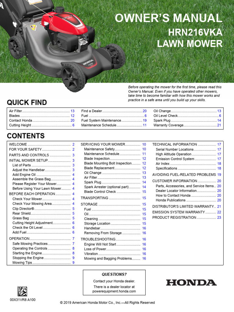 Honda HRN216VKA LAWN MOWER User Manual | PDF