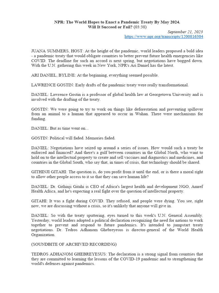 21.09.23 The World Hopes To Enact A Pandemic Treaty by May 2024 PDF