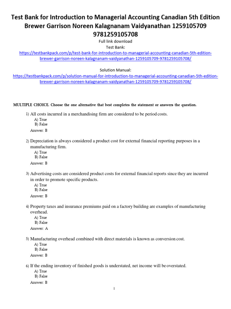 Test Bank For Introduction To Managerial Accounting Canadian 5th ...