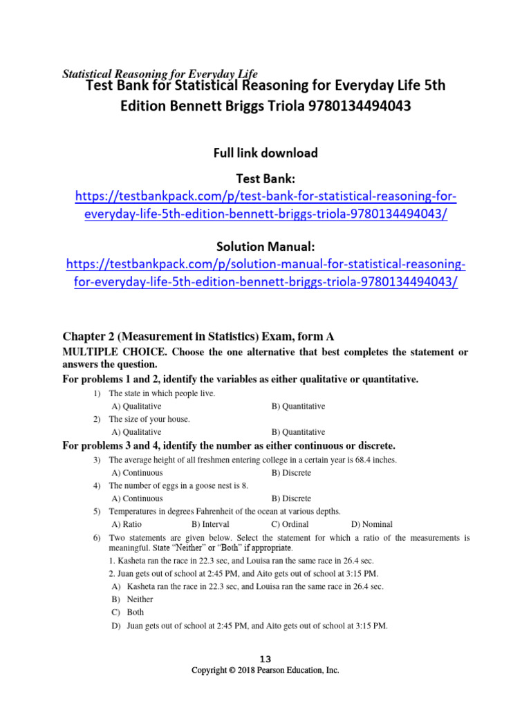 Test Bank For Statistical Reasoning For Everyday Life 5th Edition ...