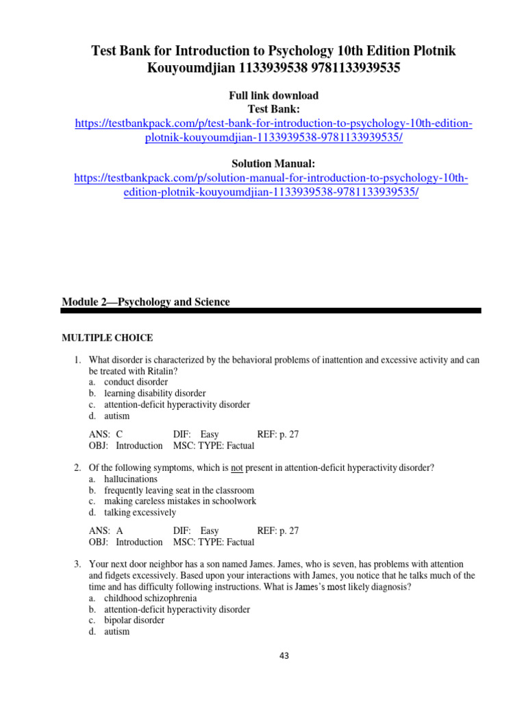Test Bank For Introduction To Psychology 10th Edition Plotnik ...