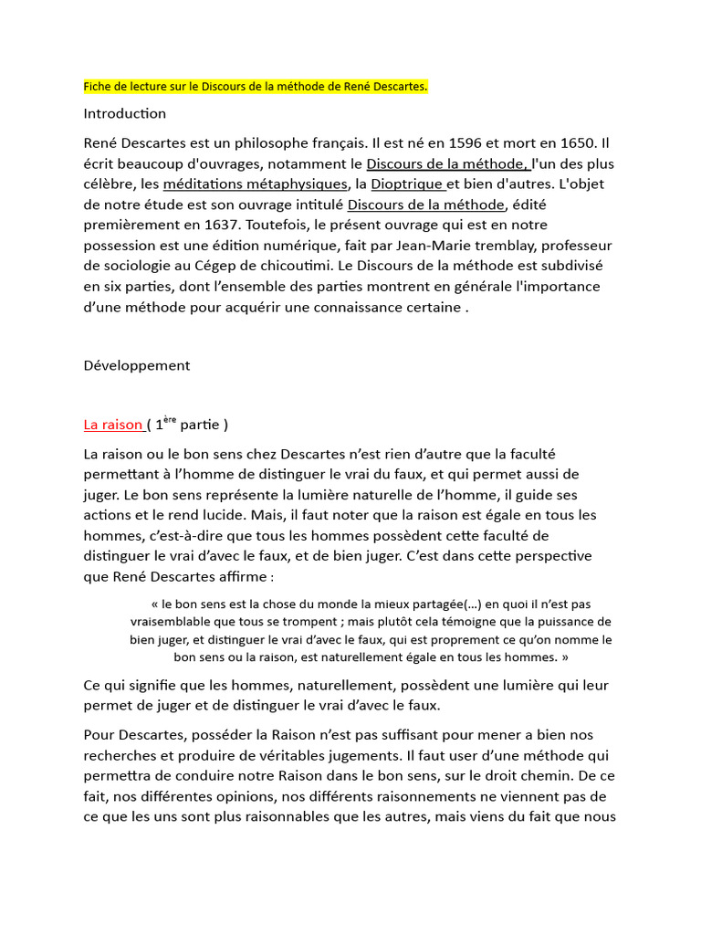 Fiche de Lecture Sur Discours de La Methode PDF René Descartes Vérité