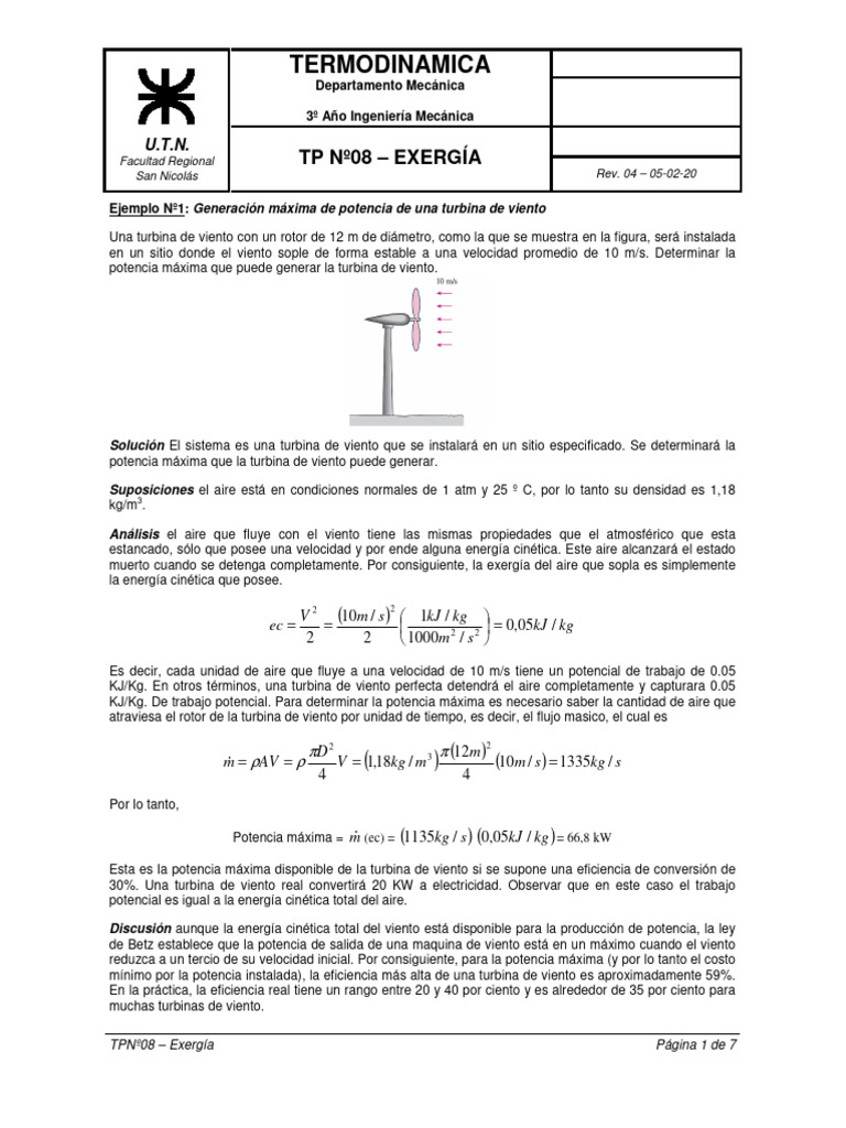 Cálculo de Exergía en Turbinas de Viento | PDF