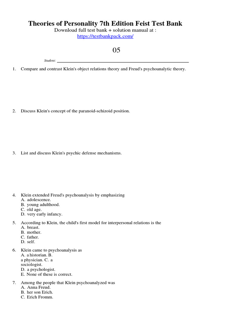 Theories Of Personality 7th Edition Feist Test Bank 1 Pdf