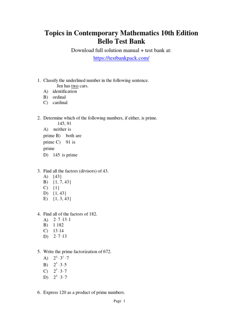 Topics in contemporary mathematics 10th edition bello test bank 1 pdf