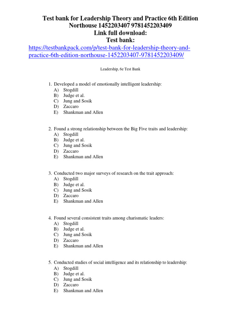 Test Bank For Leadership Theory and Practice 6th Edition Northouse ...