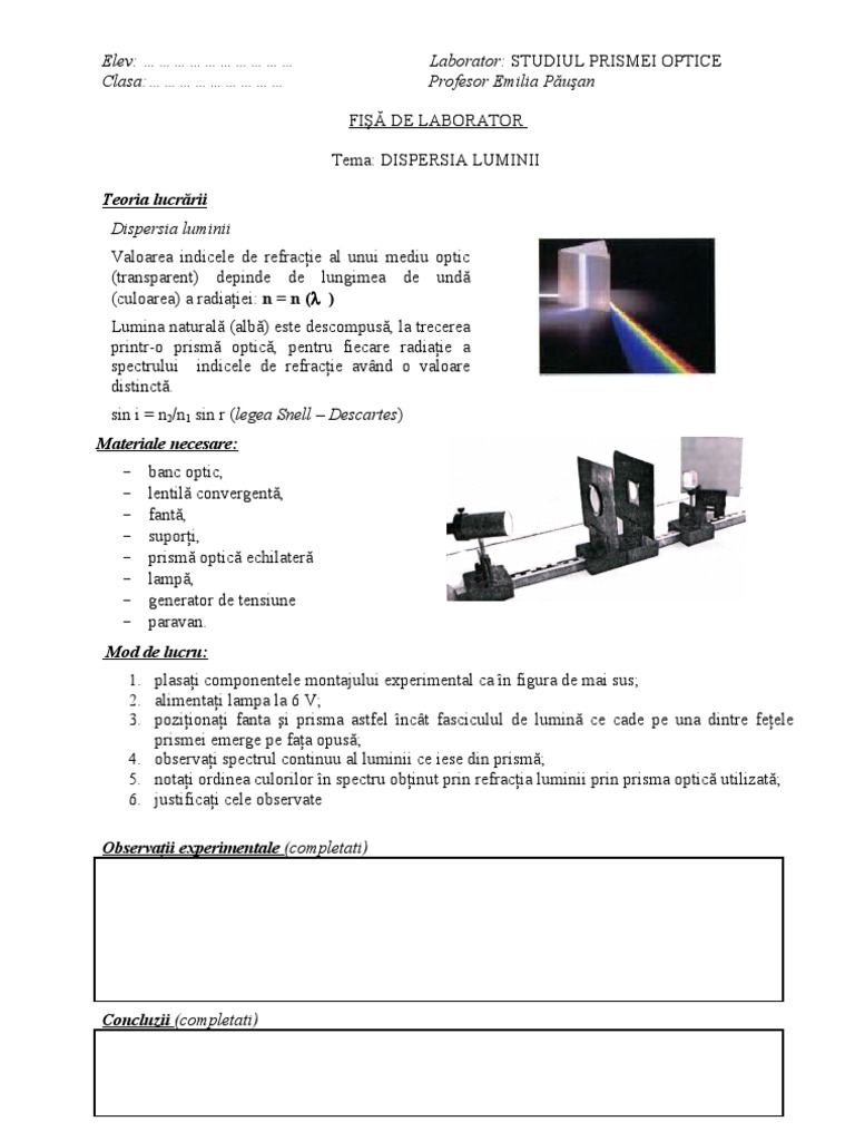 Fise Laborator Dispersie Refractie | PDF