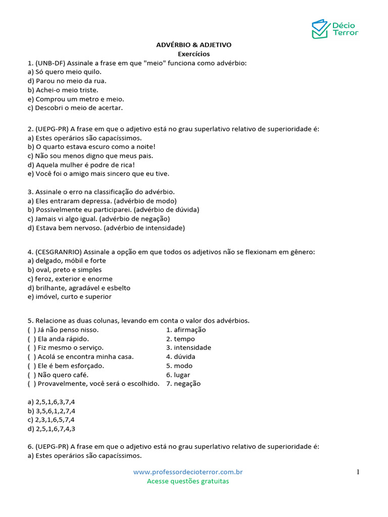 Exercícios sobre Advérbios e Adjetivos | PDF | Estudos de Línguas ...