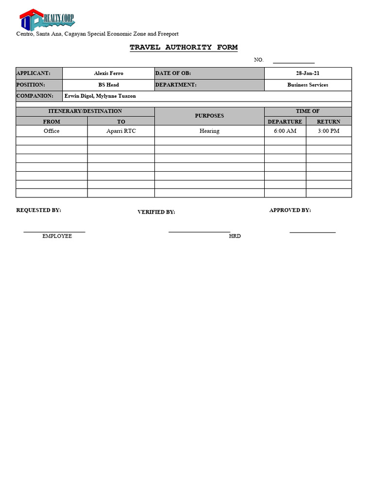 Travel Authority Form PDF