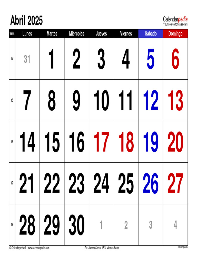Calendario Abril 2025 Espana Horizontal Grandes Cifras PDF