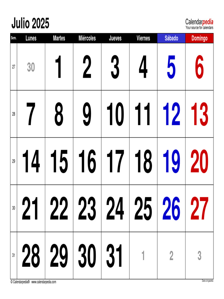 Calendario Julio 2025 Espana Horizontal Grandes Cifras PDF