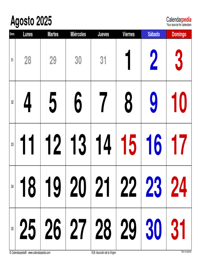 Calendario Agosto 2025 Espana Horizontal Grandes Cifras PDF