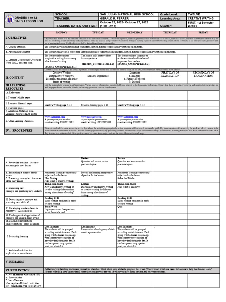Creative Writing Lesson Plan for Grade 12 | PDF